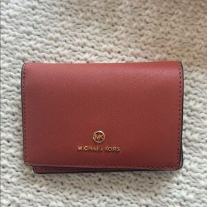 Michael Kors Leather Compact Wallet in Rust with Gold Hardware